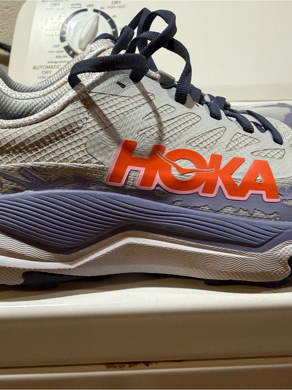 Hoka Lightweight Runner in Light Gray, Navy and Orange Logo